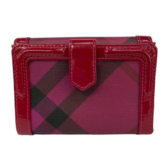 Burberry Nova Plaid Patent Leather Trim Bifold Wallet Magenta and Black